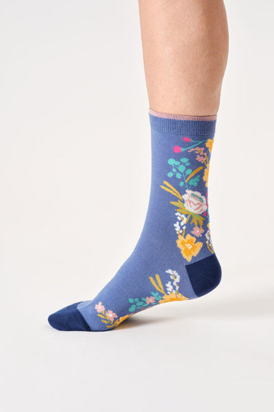 Thought Womens Climbing Floral Organic Cotton Crew Socks in Denim Blue