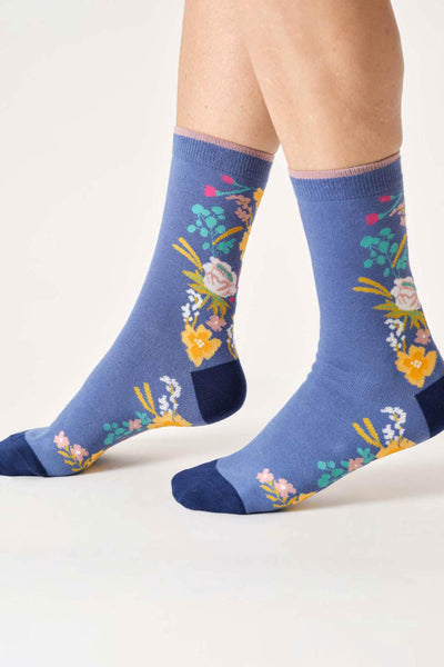 Thought Womens Climbing Floral Organic Cotton Crew Socks in Denim Blue