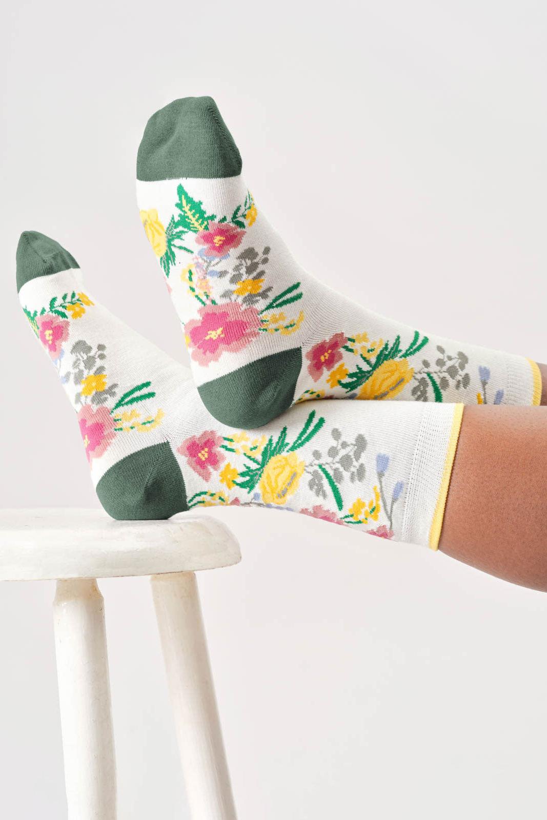 Thought Womens Climbing Floral Organic Cotton Crew Socks in Stone White