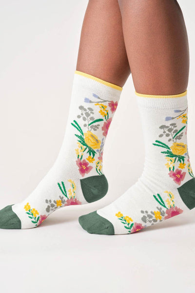 Thought Womens Climbing Floral Organic Cotton Crew Socks in Stone White
