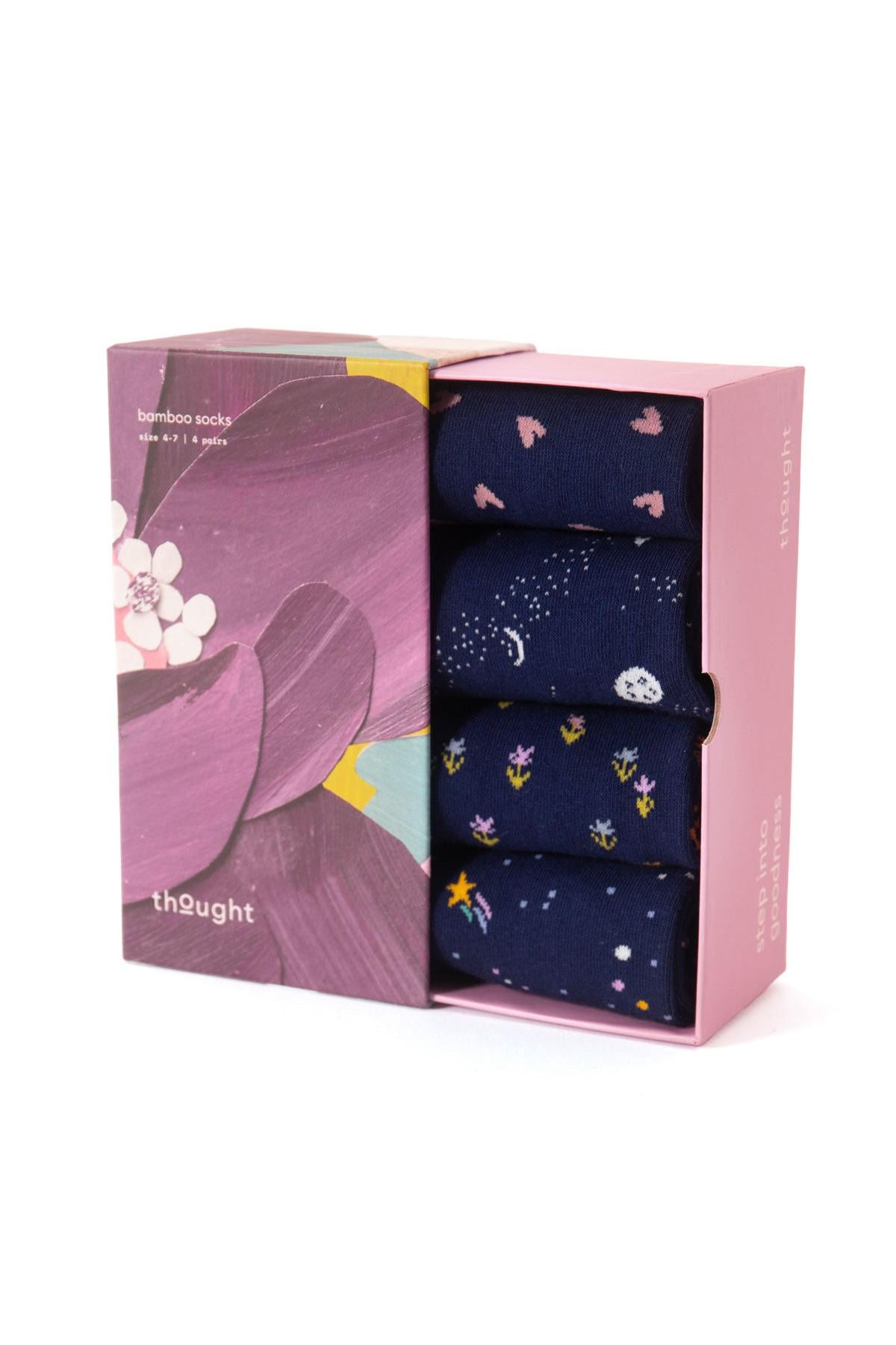 Giftbox of socks with star and moon pattern in a pink box with floral design