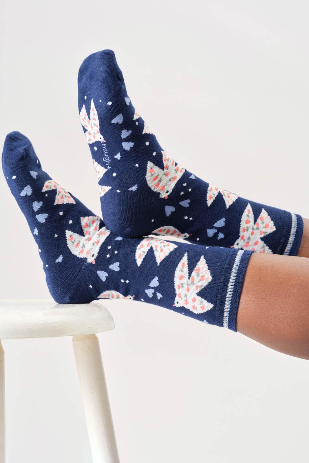 Thought Womens Floral Birds Organic Cotton Crew Socks in Midnight Blue