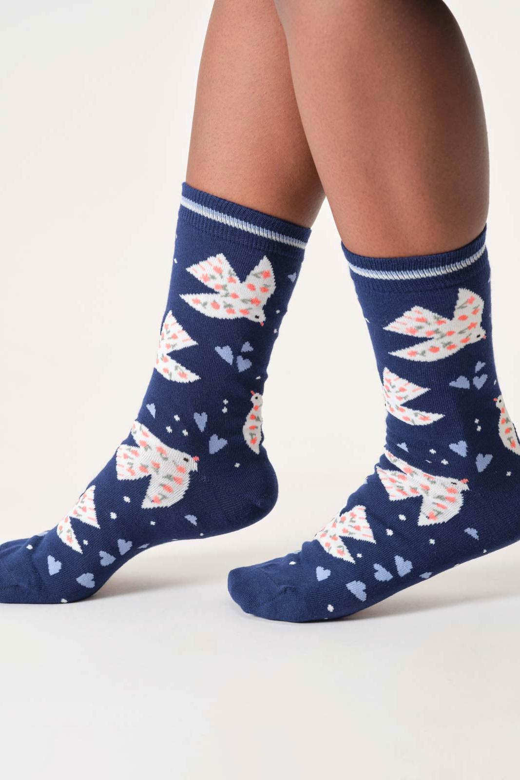 Thought Womens Floral Birds Organic Cotton Crew Socks in Midnight Blue