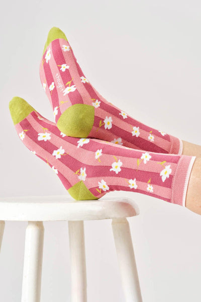 Thought Womens Floral Stripe Bamboo Crew Socks in Dusty Pink