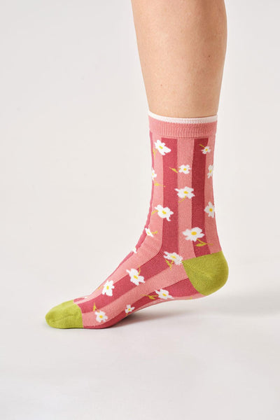 Thought Womens Floral Stripe Bamboo Crew Socks in Dusty Pink