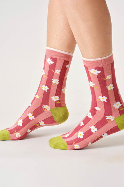 Thought Womens Floral Stripe Bamboo Crew Socks in Dusty Pink