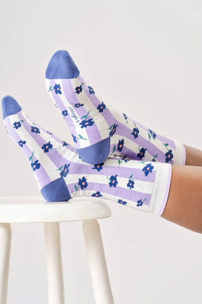Thought Womens Floral Stripe Bamboo Crew Socks in Stone White