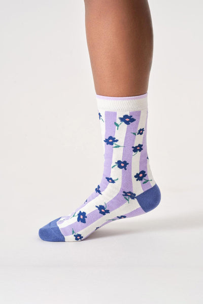 Thought Womens Floral Stripe Bamboo Crew Socks in Stone White