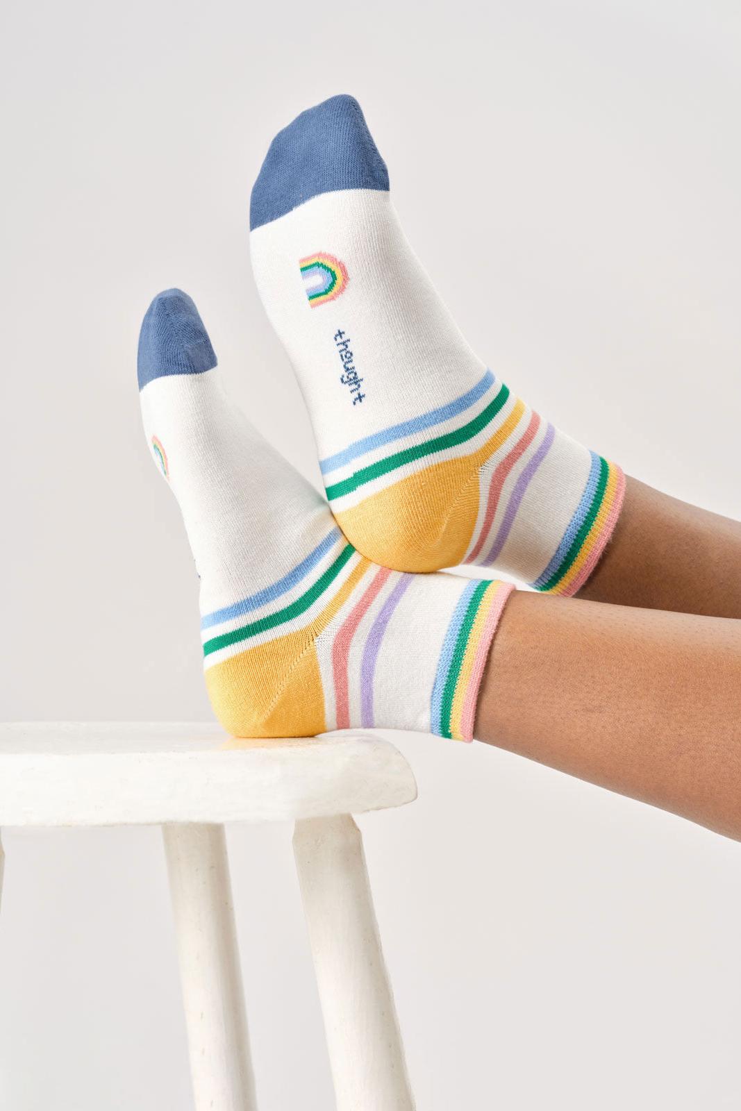 Thought Womens Rainbow Stripe Organic Cotton Ankle Socks in Stone White