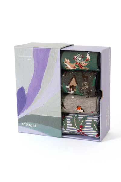 Giftbox of socks with nature-themed designs in a 'thought' branded box on a white background