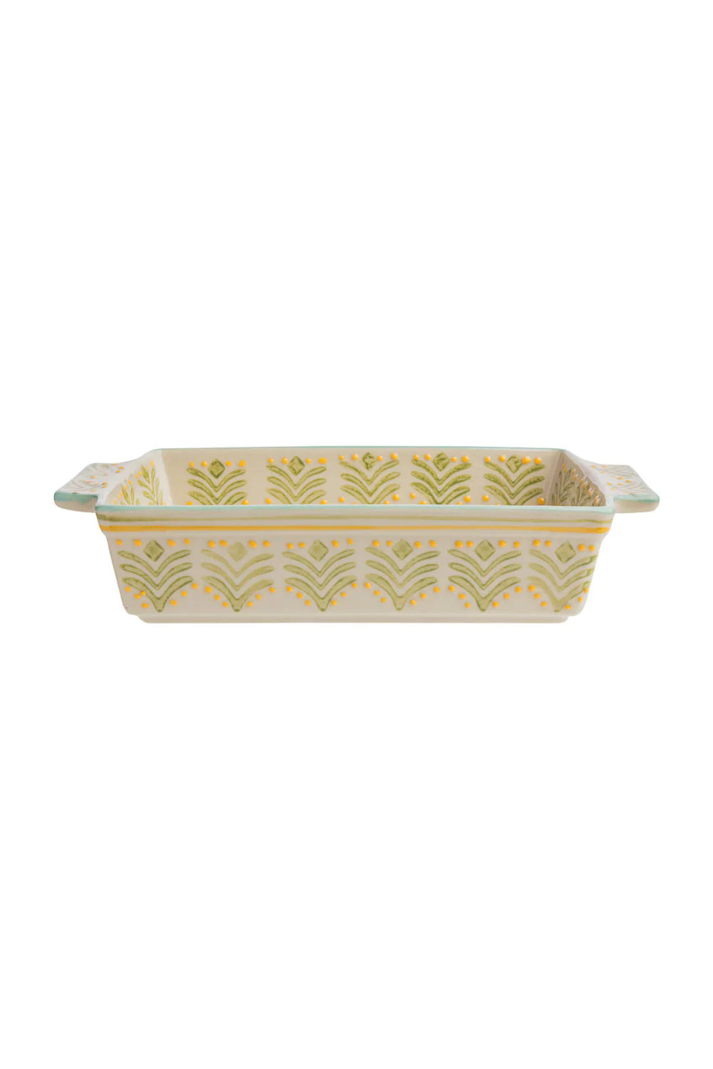 Rectangular ceramic baking dish with decorative yellow pattern on a white background