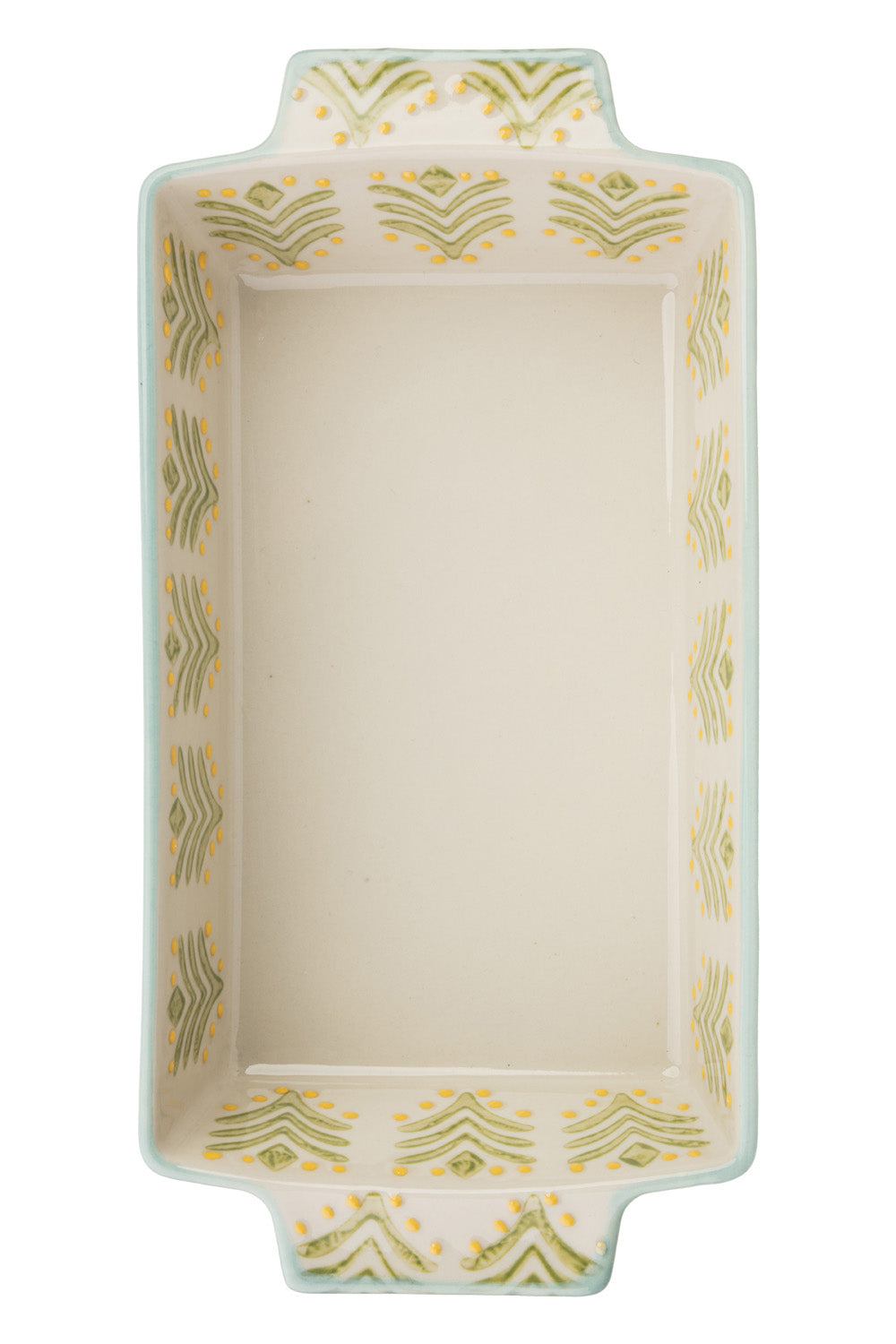 Rectangular ceramic dish with decorative green patterns on a white background