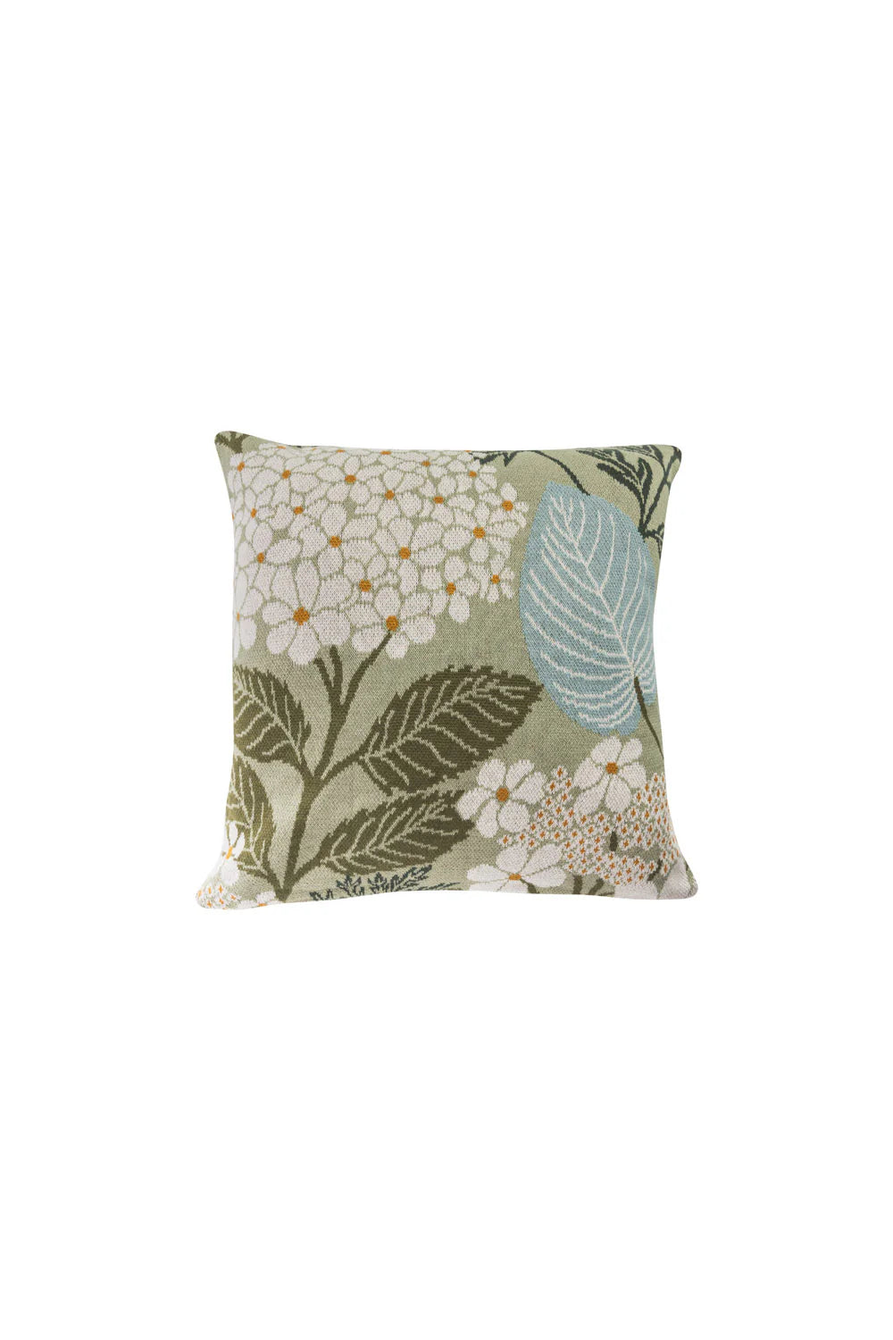 Decorative organic cotton pillow with floral and leaf pattern on a white background