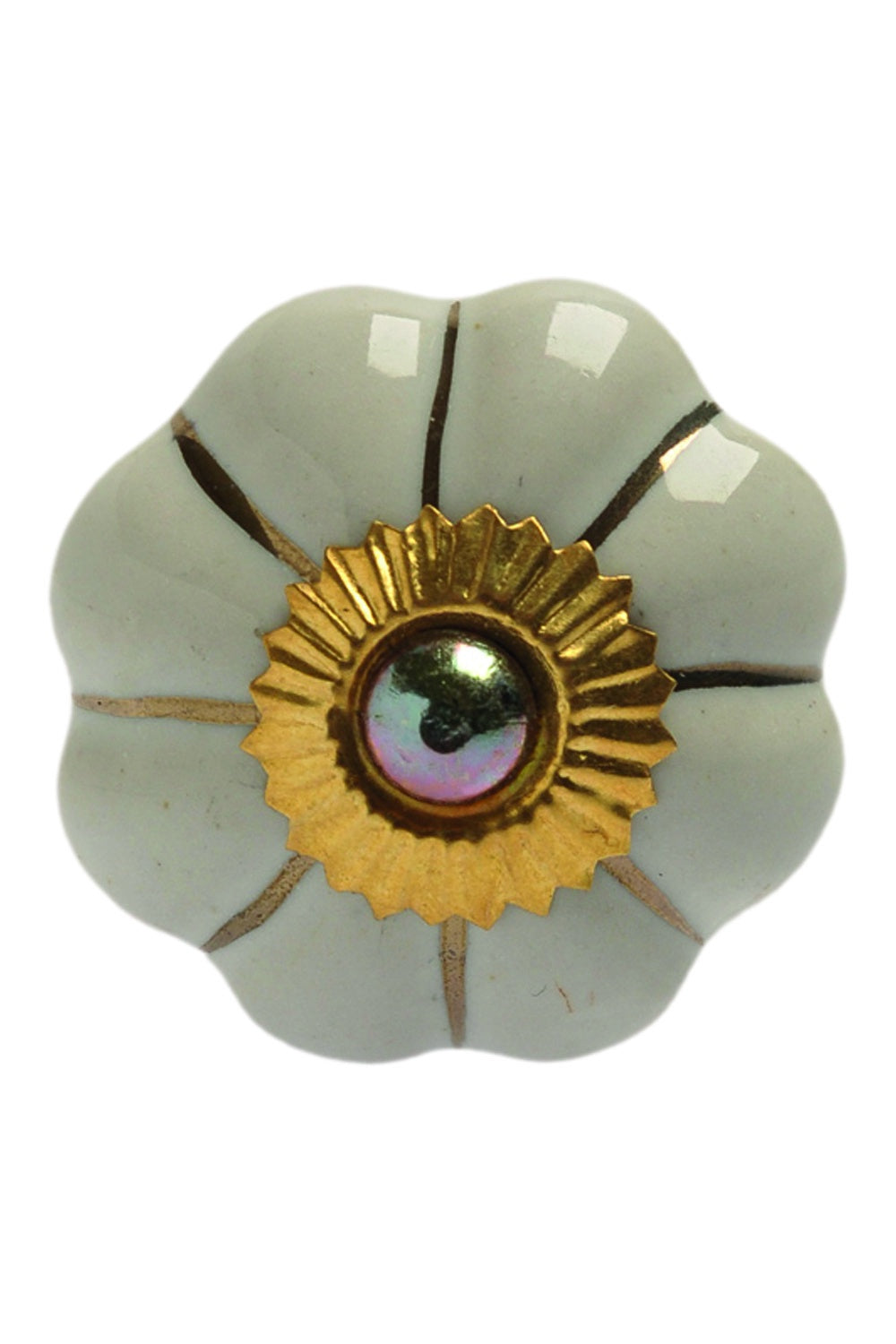 Decorative knob with gold center and white flower-like design on a white background