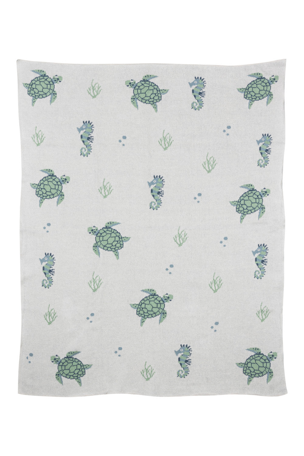 Organic cotton baby blanket with turtle print on a white background