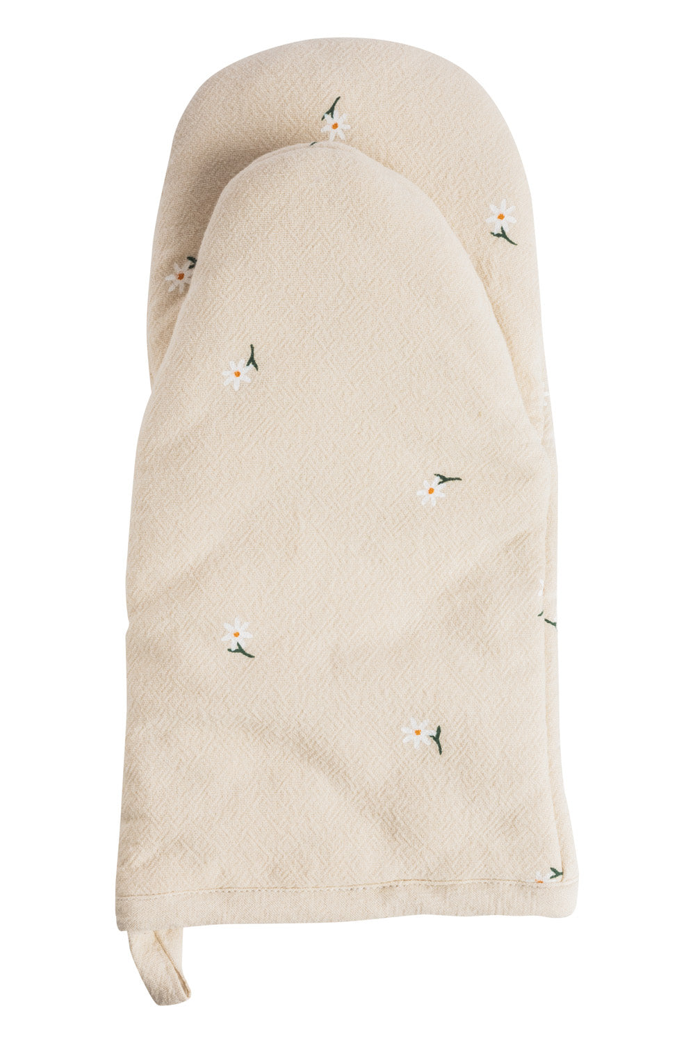 Organic cotton oven glove with flower print on a white background