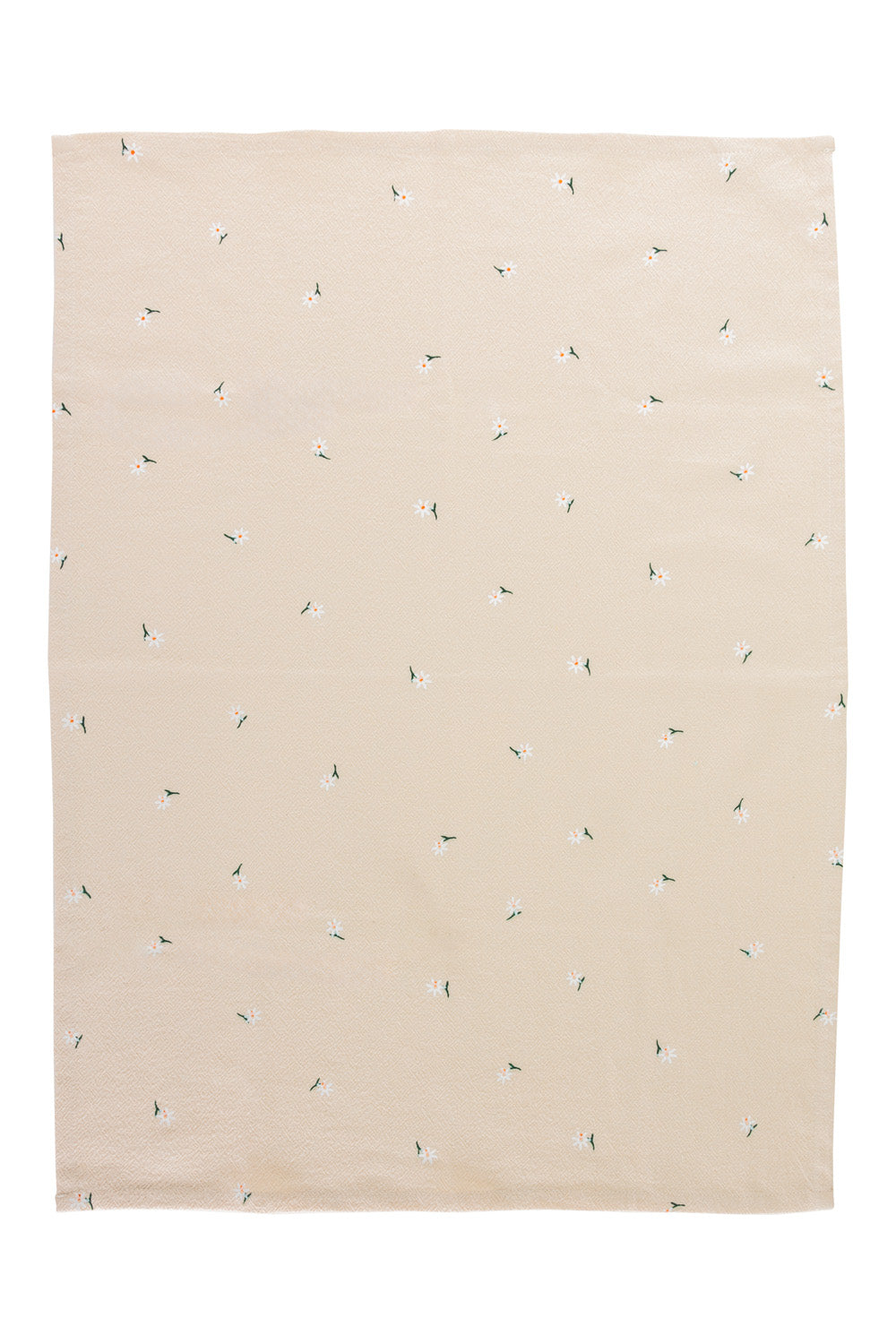 Beige organic cotton tea towel with small flower pattern on a white background