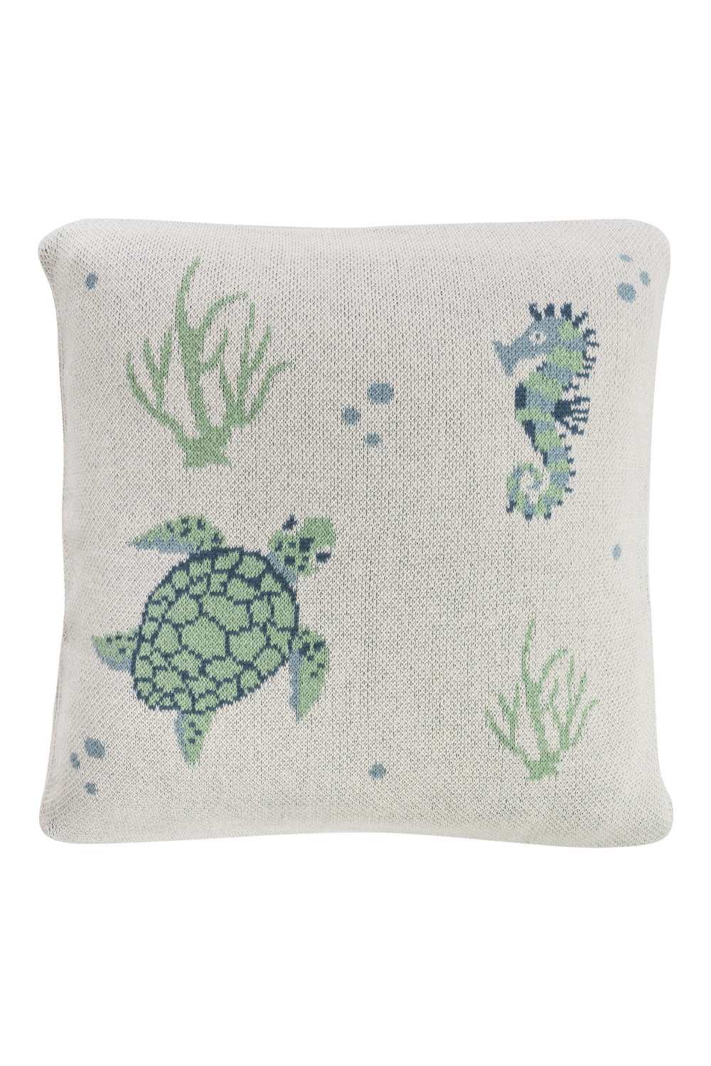Decorative pillow with turtle, seahorse, and coral design on a white background