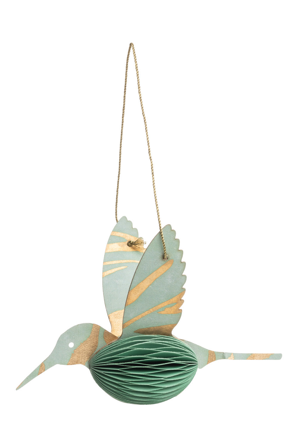 Decorative hummingbird ornament with green and gold details on a white background