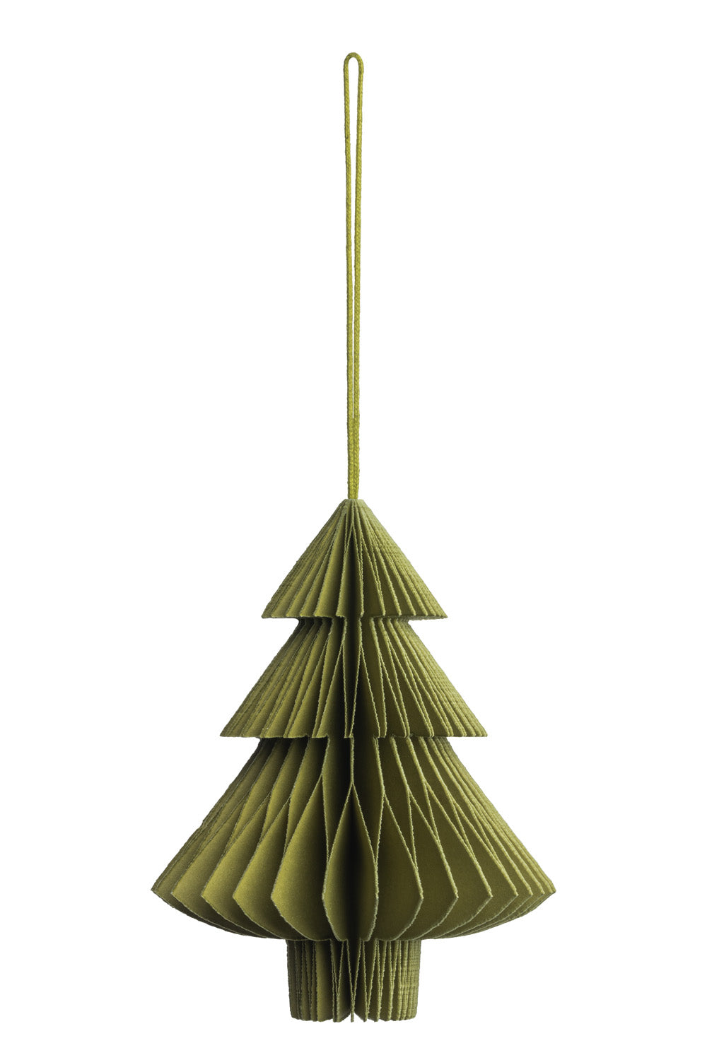 Green paper Christmas tree ornament on a white background
