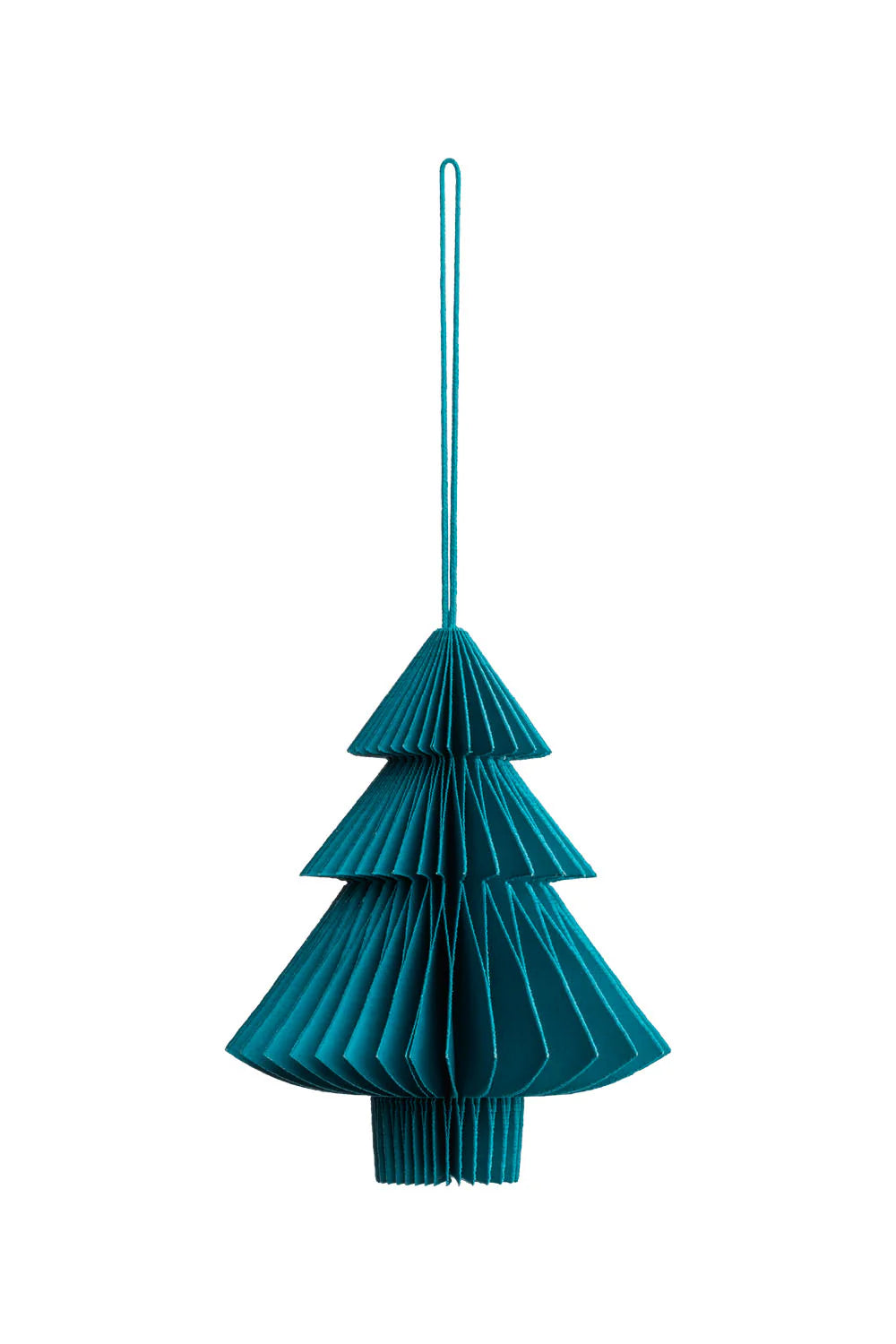 Teal paper Christmas tree ornament on a white background
