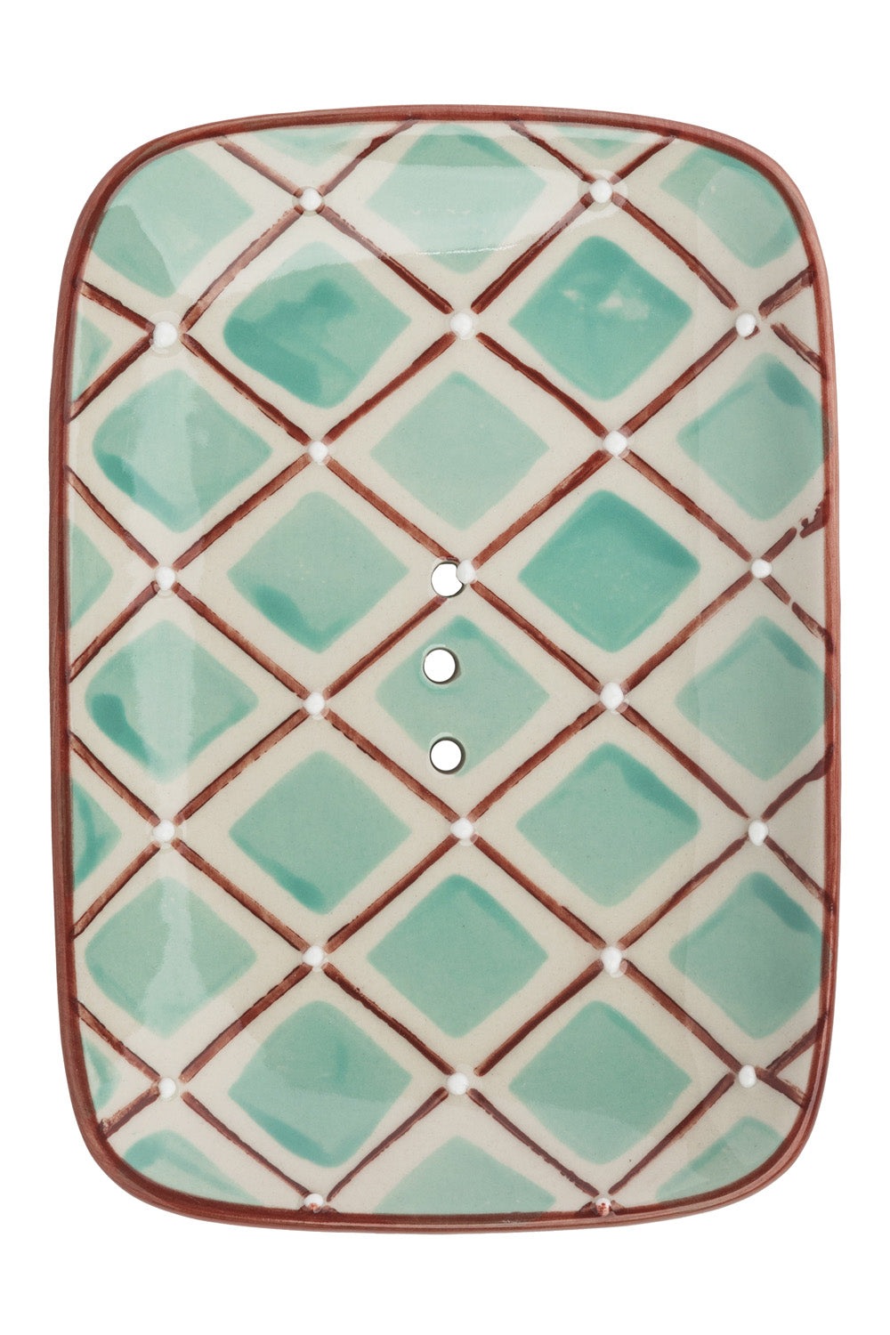Ceramic soap dish with green diamond pattern on a white background
