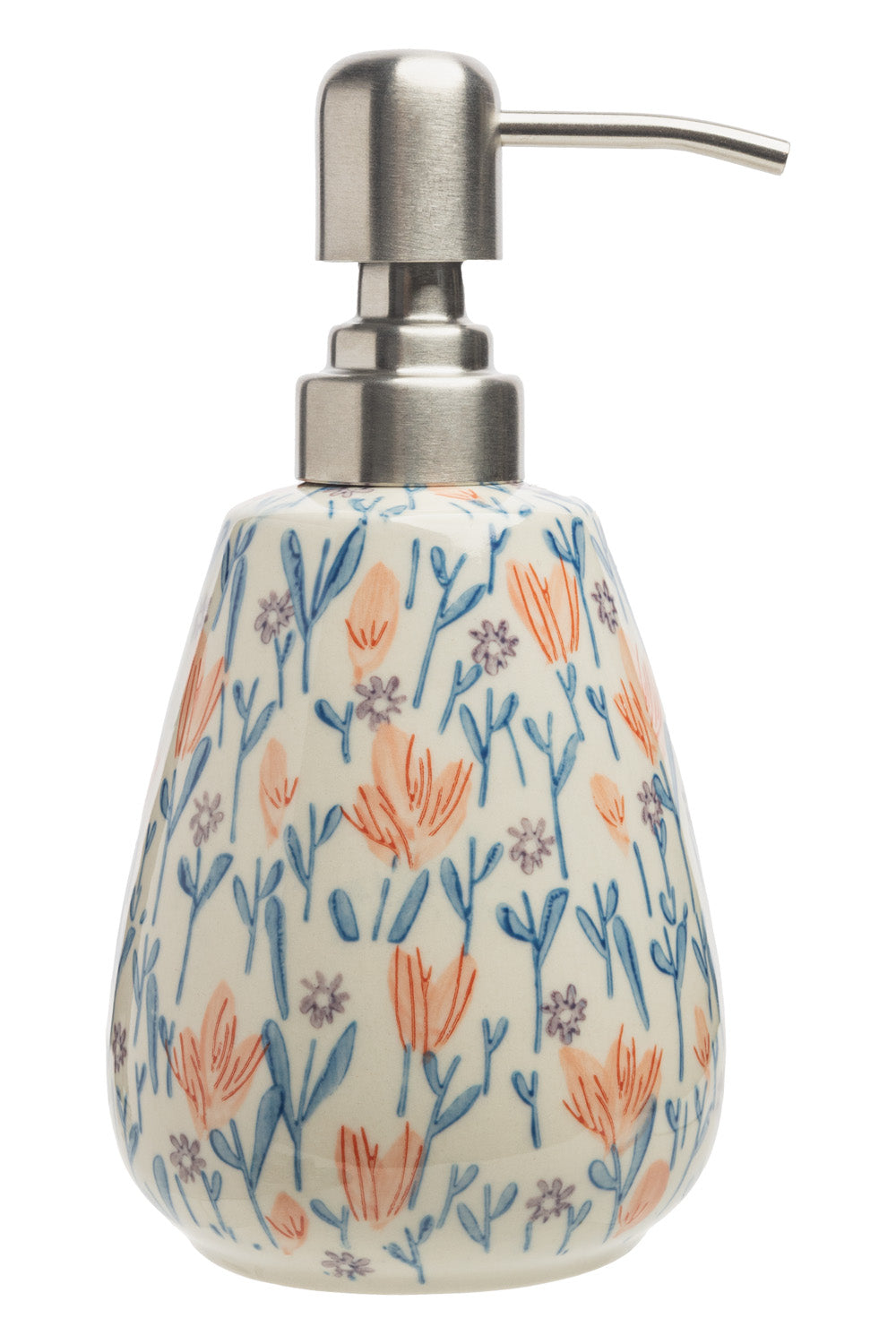 Soap dispenser with floral pattern on a white background