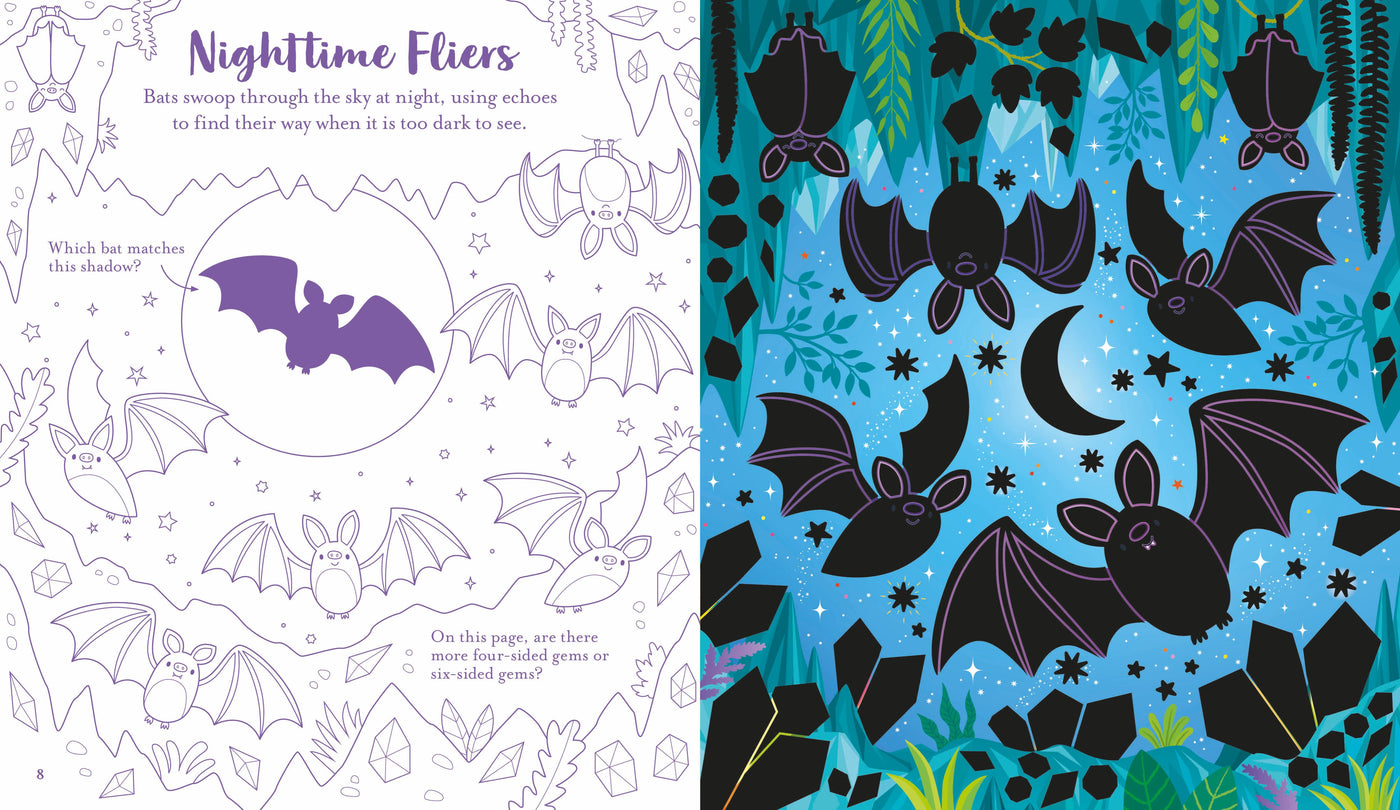 Illustrated book page with bats and a coloring activity on a blue background.