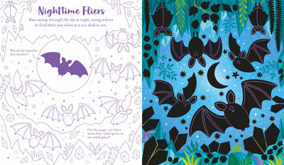 Illustrated book page with bats and a coloring activity on a blue background.