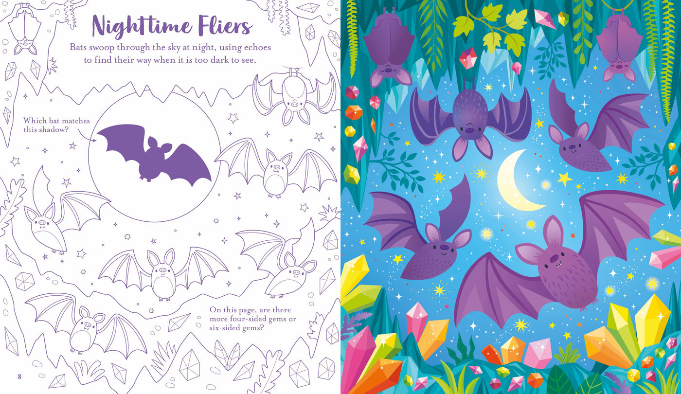 Coloring book page with purple bats and night sky design.