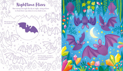 Coloring book page with purple bats and night sky design.