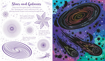 Illustrated book page about stars and galaxies with star shapes and a galaxy illustration.