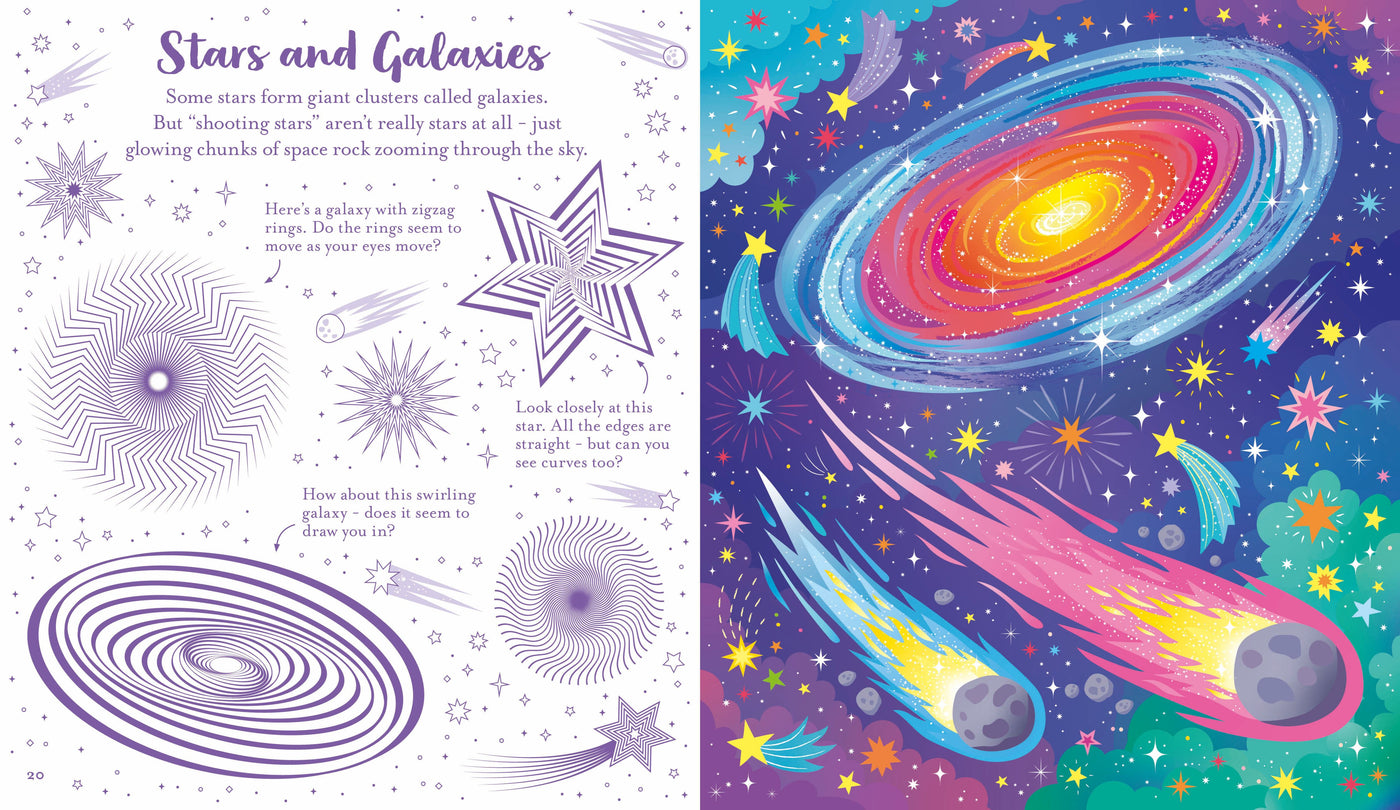 Illustrated book page about stars and galaxies with colorful illustrations and text.