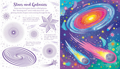 Illustrated book page about stars and galaxies with colorful illustrations and text.