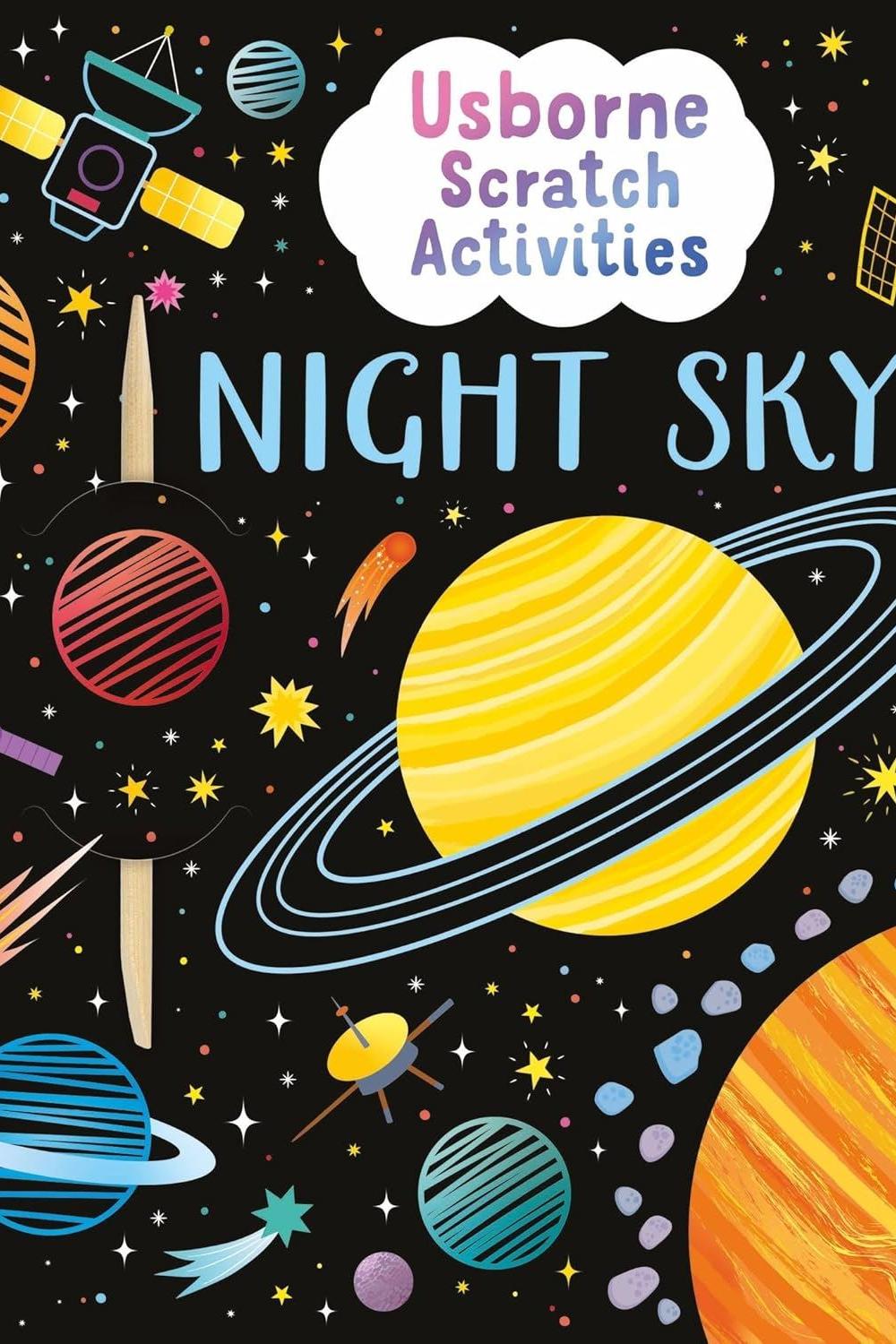 Book cover of 'Usborne Scratch Activities Night Sky' with space-themed illustrations.
