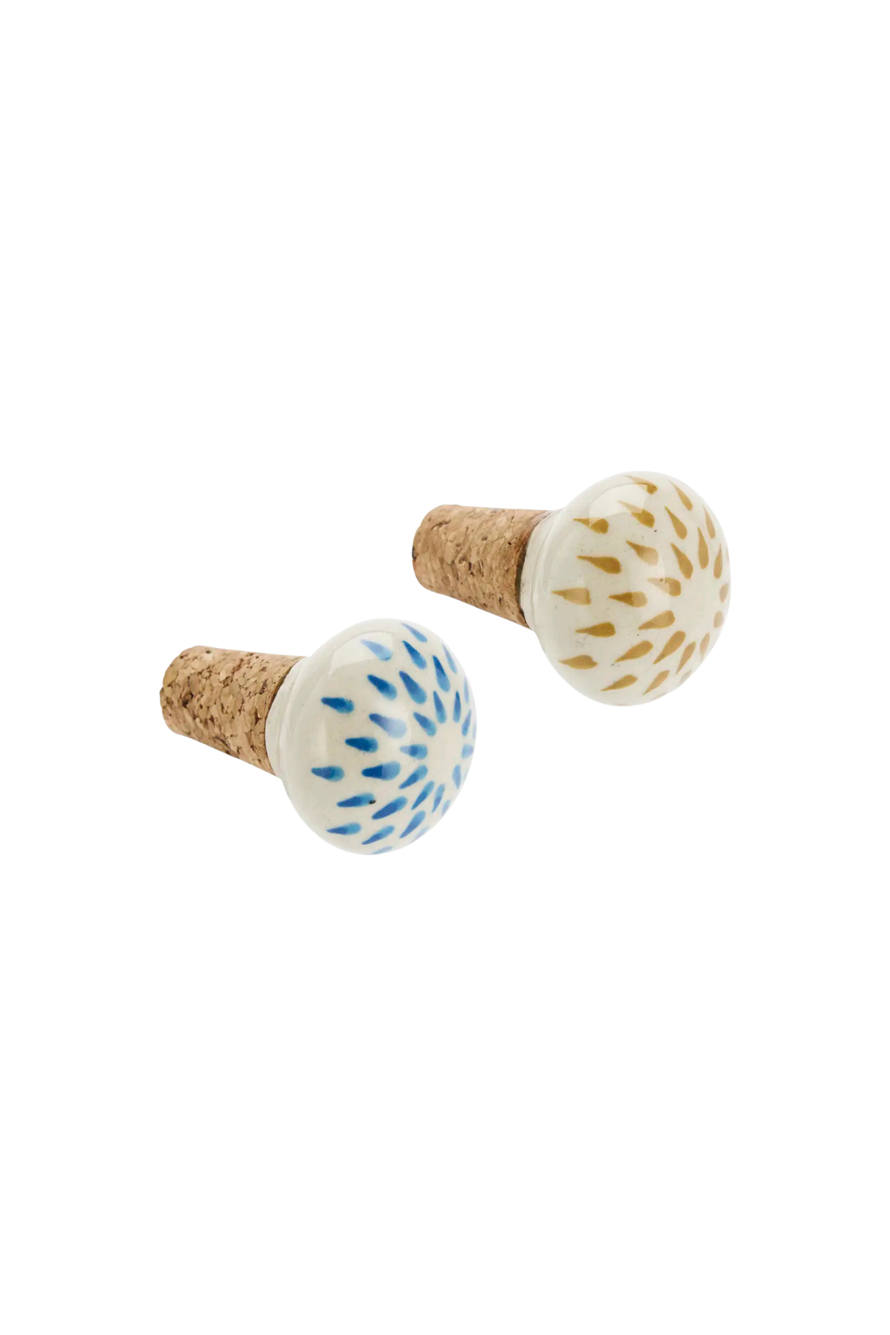 Two decorative bottle stoppers with cork bases on a white background