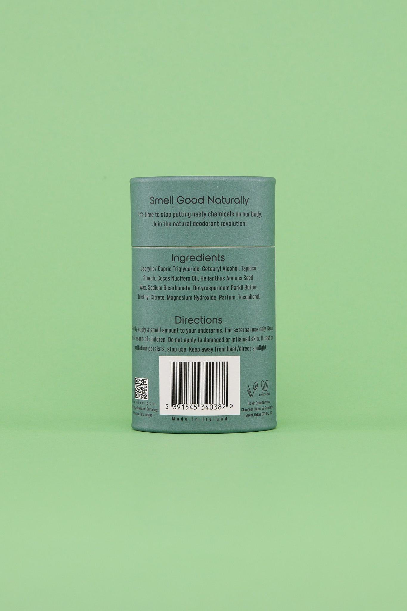Back of eucalyptus natural deodorant showing ingrediants.