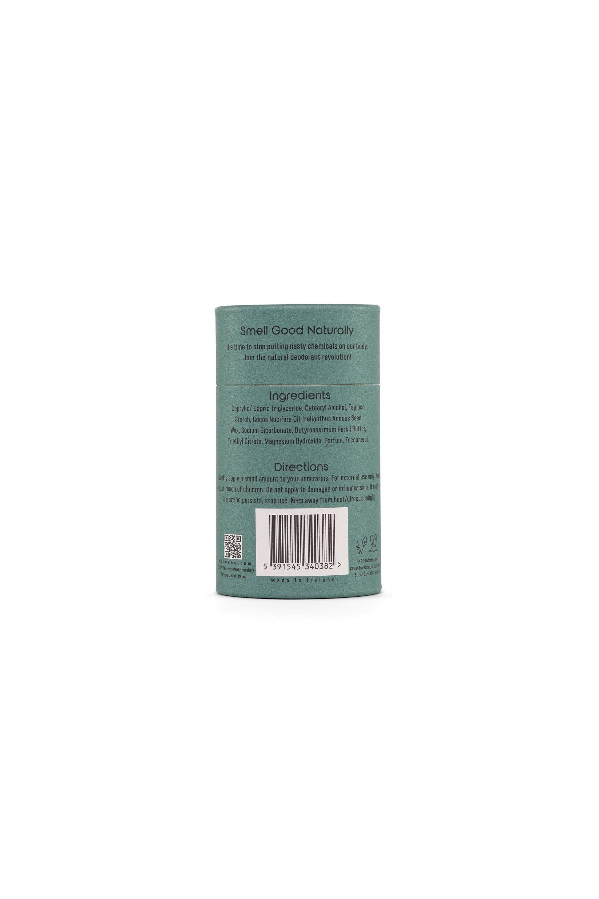 Back view of Vico Eucalyptus Natural Deodorant on white background.
