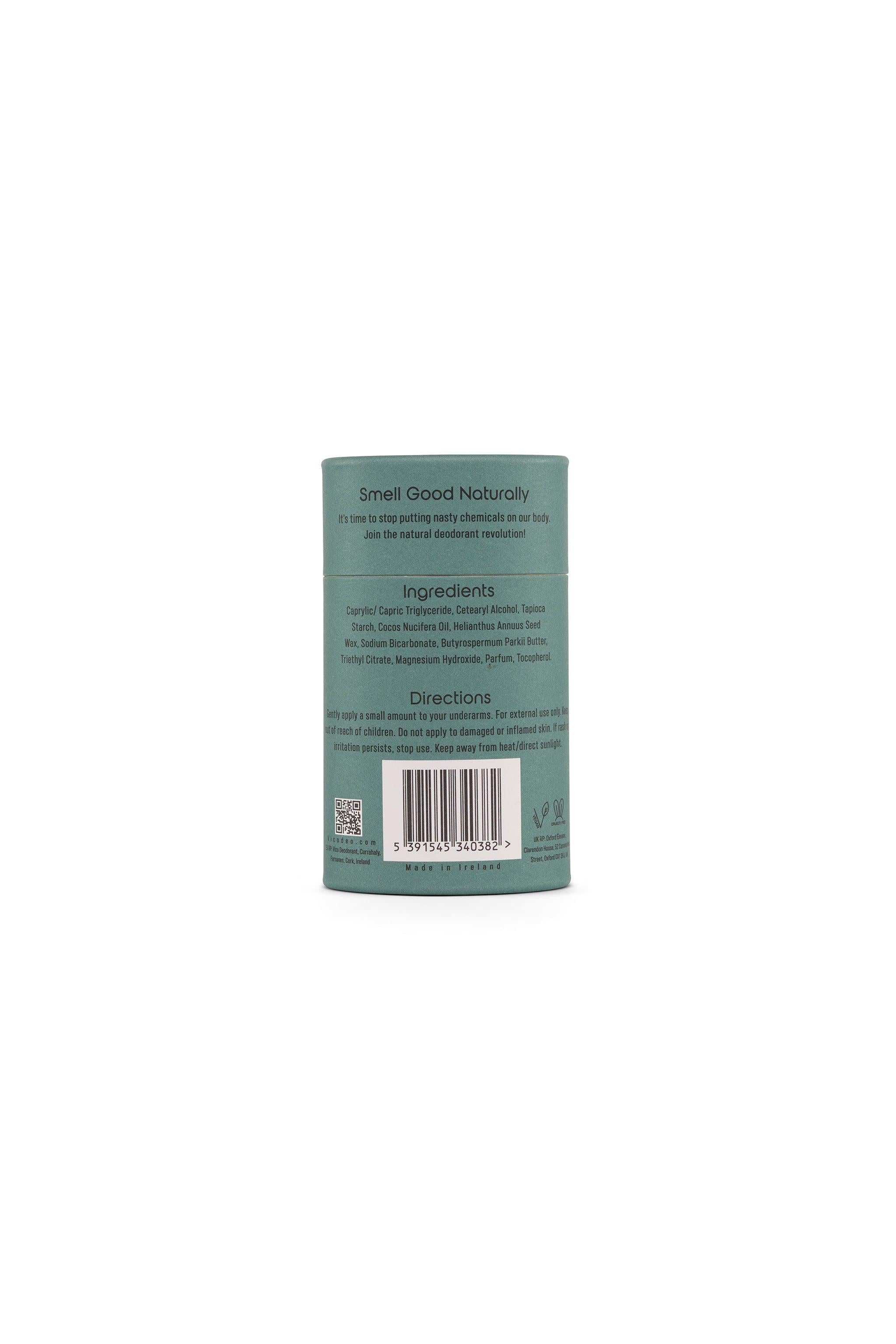 Back view of Vico Eucalyptus Natural Deodorant on white background.