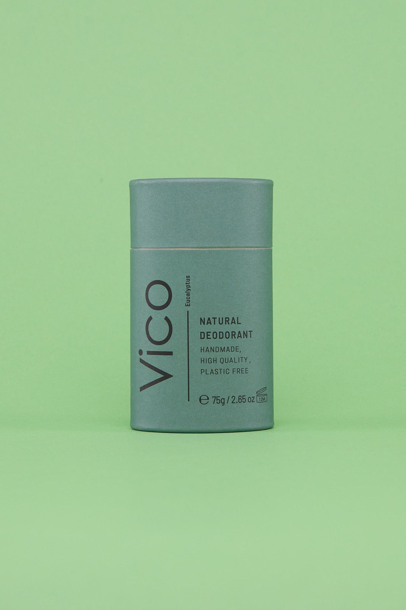 Vico Eucalyptus Natural Deodorant on green background.