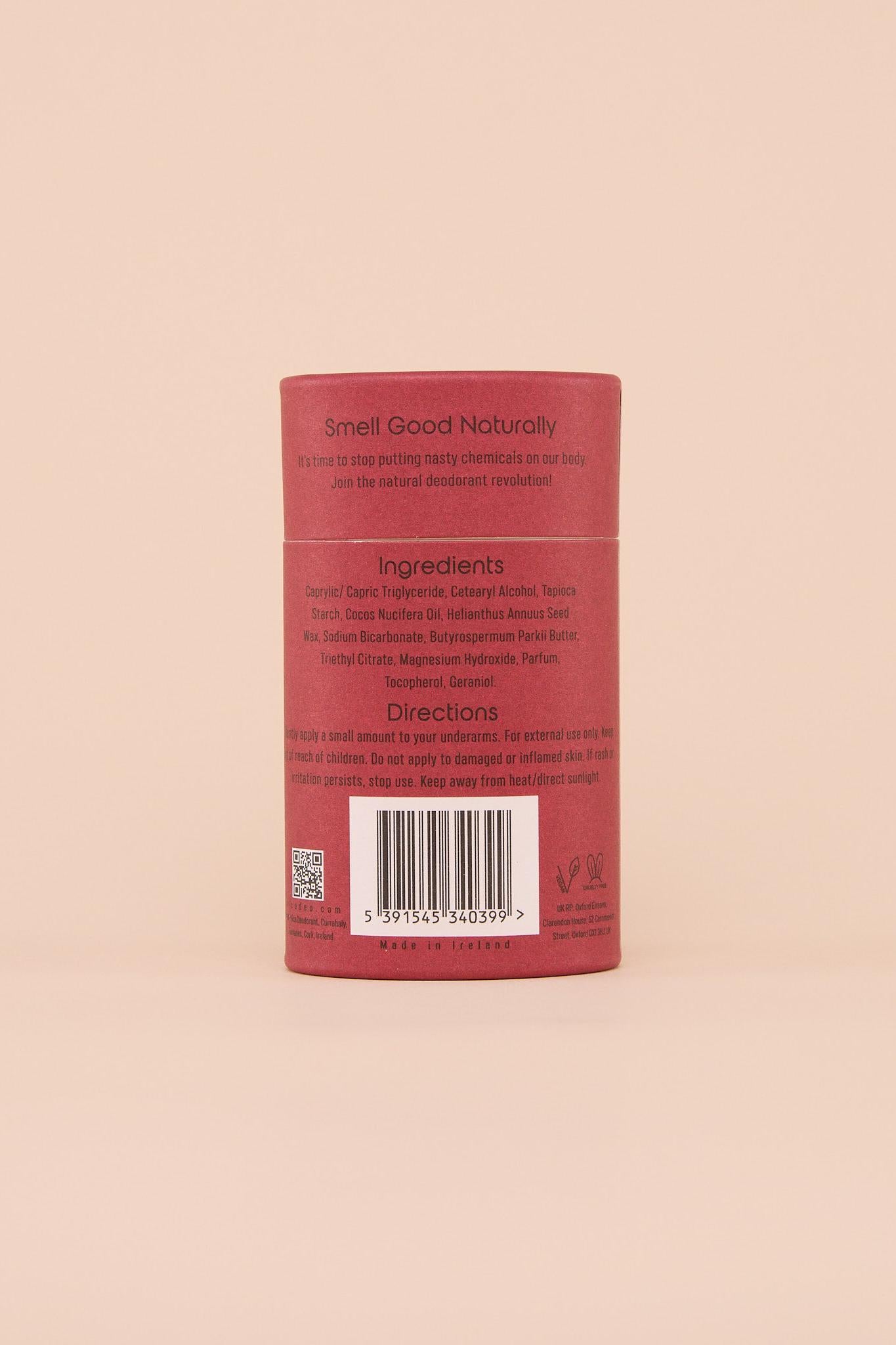 The reverse side of the Vico natural deodorant tube, displaying product details and a barcode.