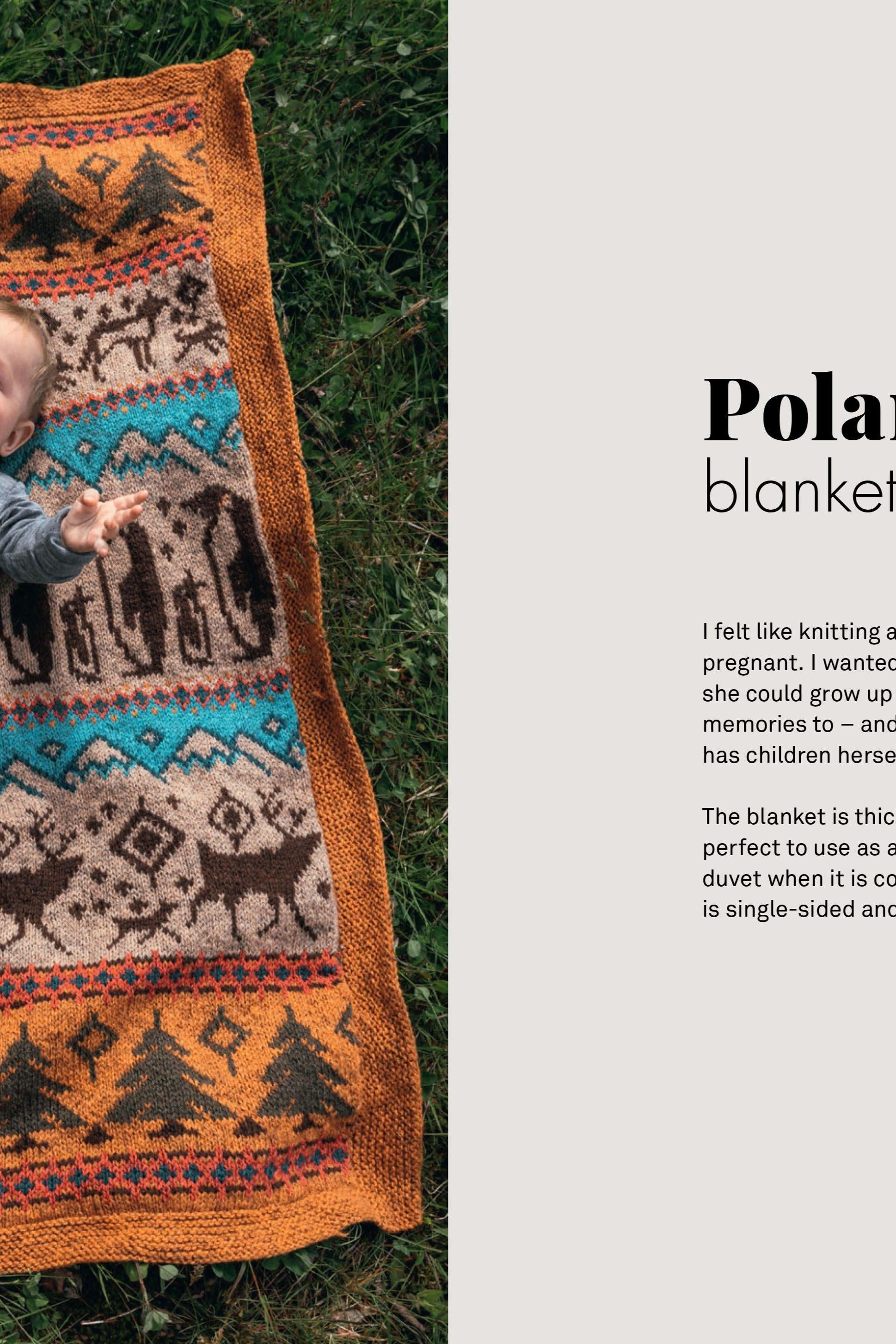 Patterned blanket on grass with text about the product