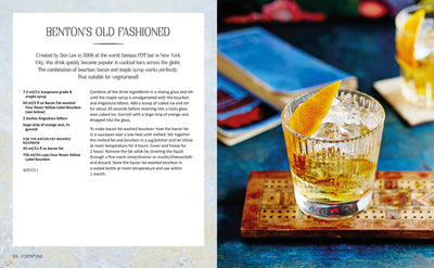 Old Fashioned cocktail with a lemon twist on a wooden coaster, accompanied by a recipe card.