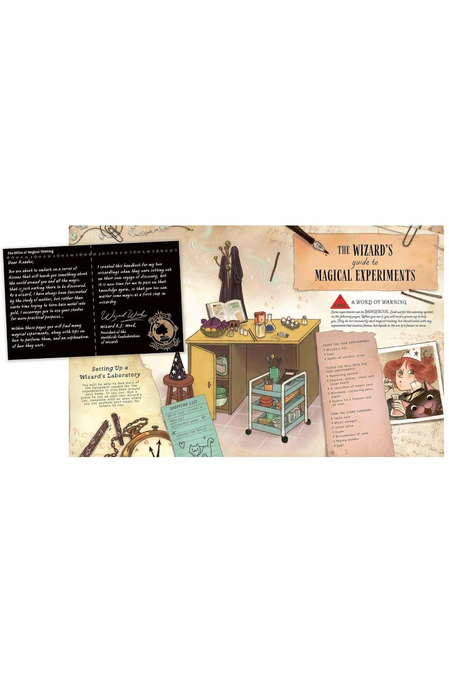 Educational kit with wizard-themed experiments and materials on a white background