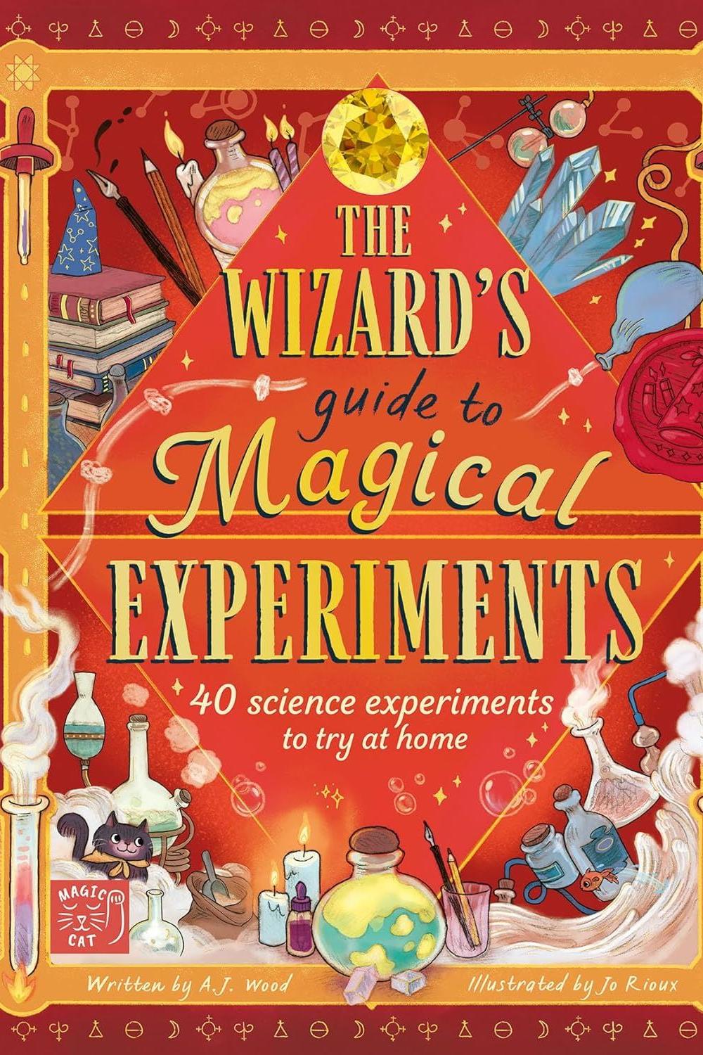 Book cover of 'The Wizard's Guide to Magical Experiments' with colorful illustrations and text.