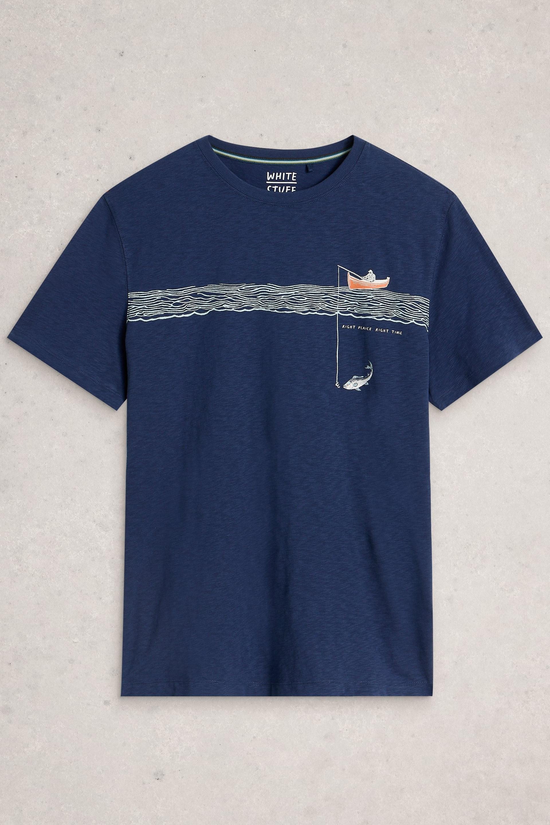Navy blue t-shirt with a graphic design on a light gray background