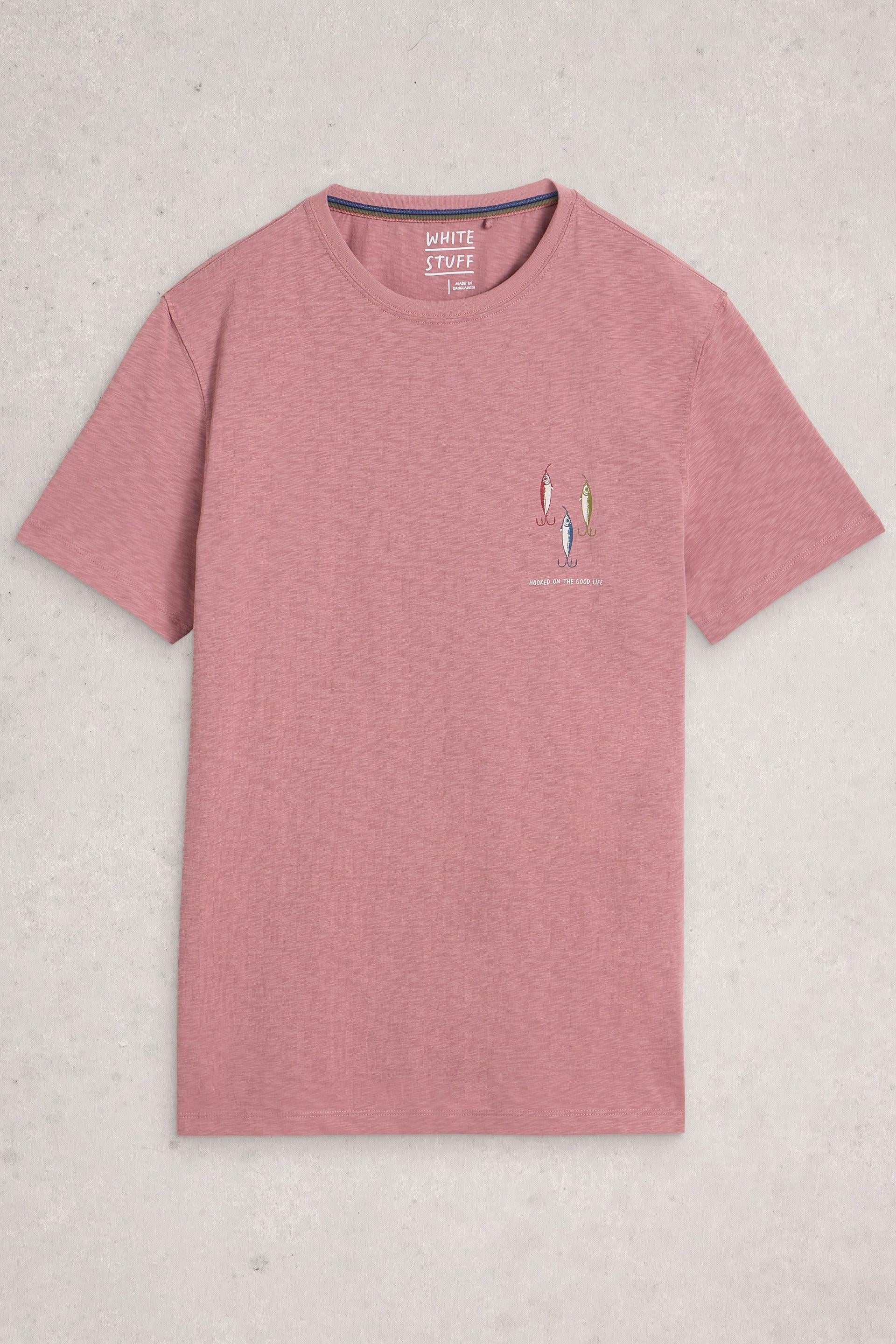 Pink cotton t-shirt with a small logo on a light gray background