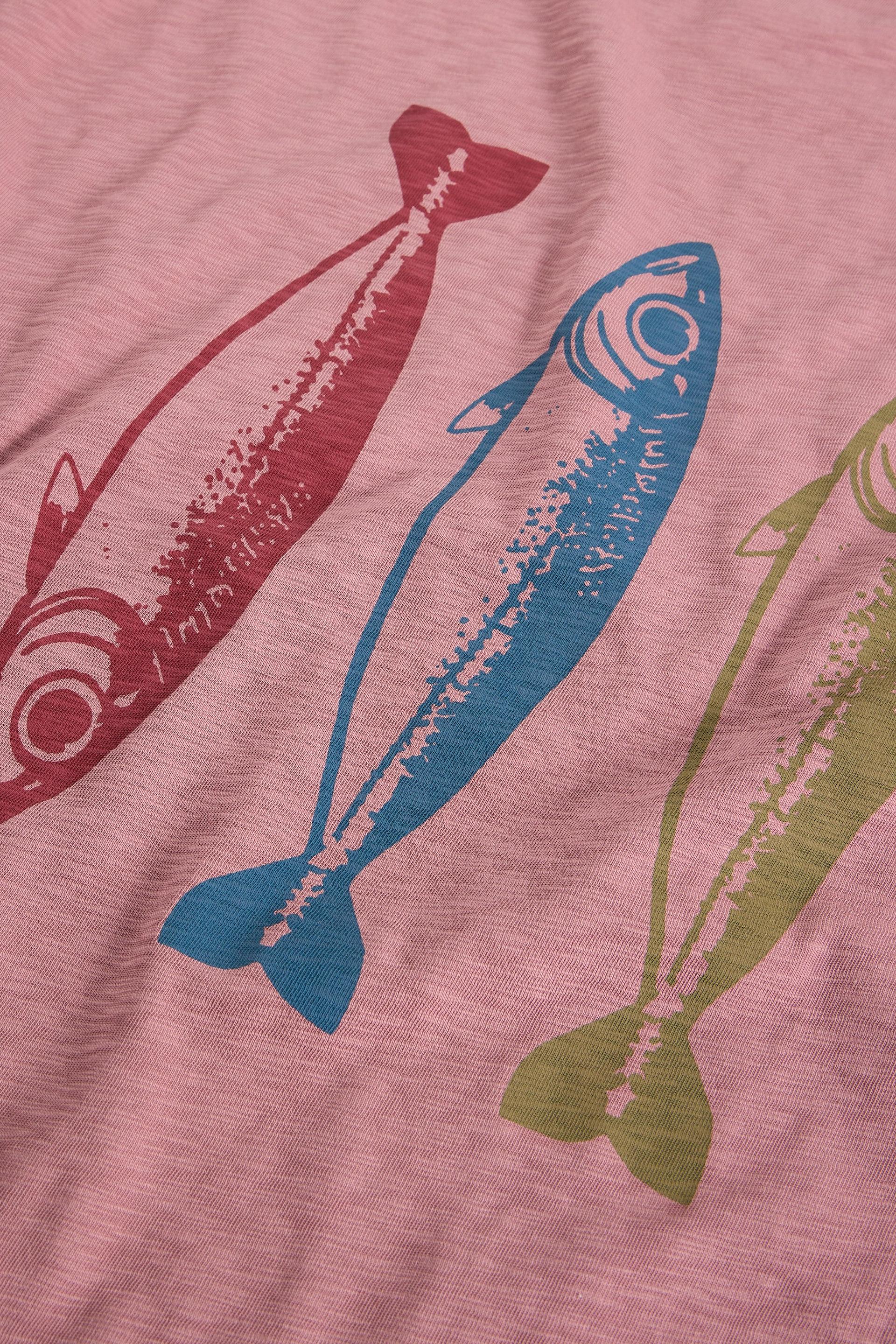 Three fish illustrations on a pink background