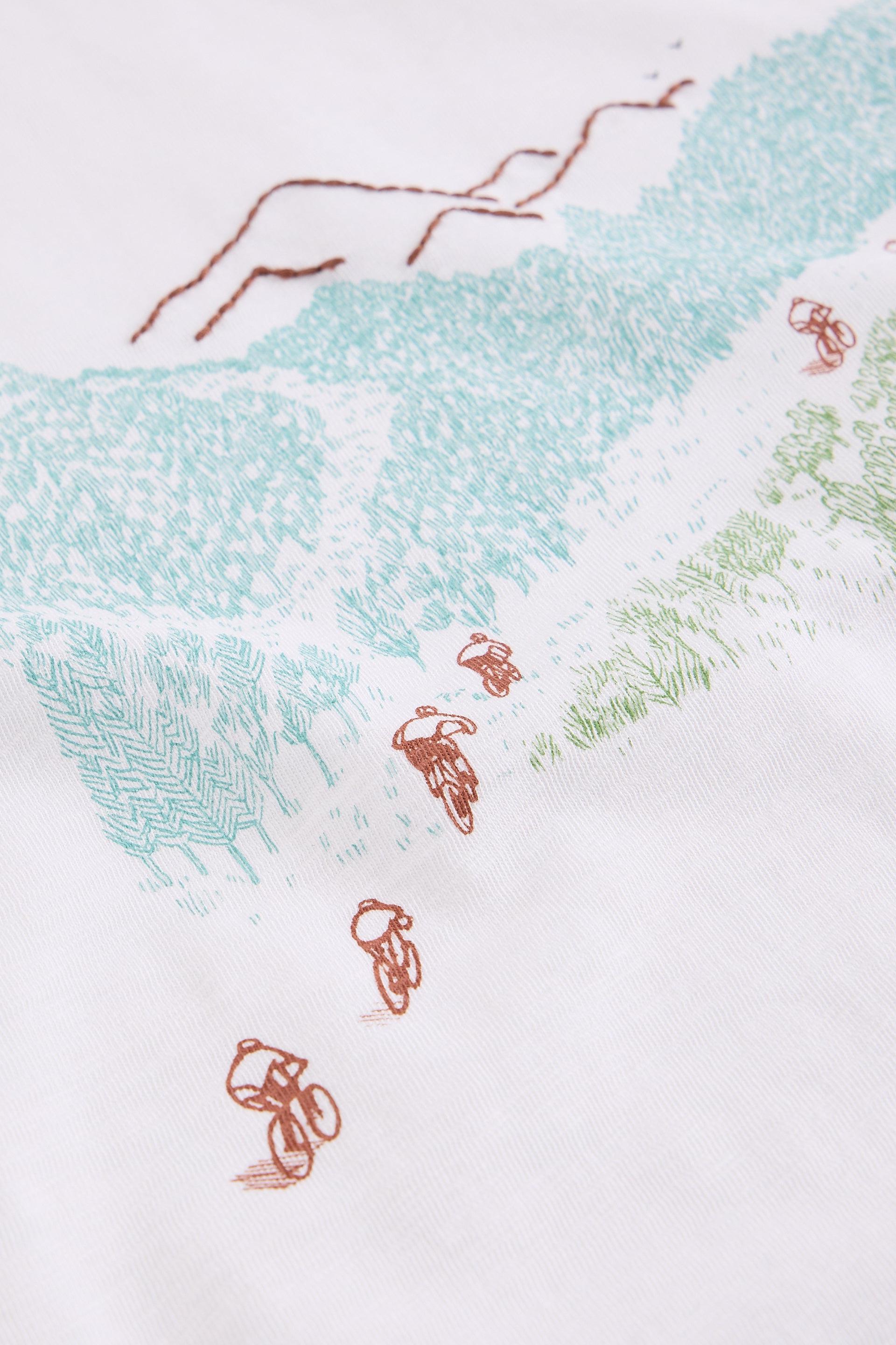 Embroidered pattern of bicycles on a white fabric background