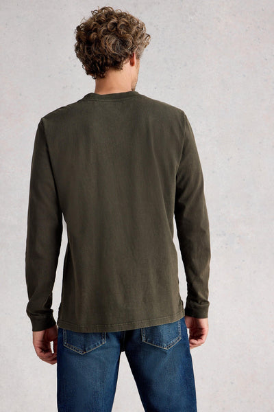 Back view of long sleeve green organic cotton t-shirt showing regular length